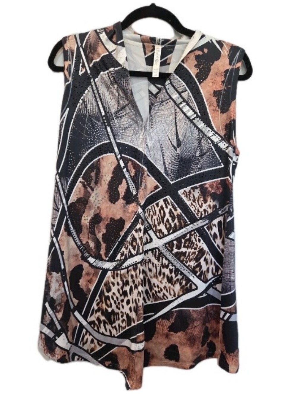 Allie Ollie Rhinestone Studded Sleeveless Blouse Top Patchwork Print Size Medium